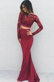 Burgundy Sexy Two Piece Charming Backless Lace Long Sleeves Prom Dresses