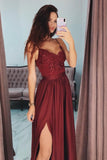 Burgundy Spaghetti Straps Sweetheart Satin Prom Dresses with Slit Beads RJS591 Rjerdress