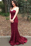 Burgundy Sweetheart Strapless Lace Mermaid Cheap Long Prom Dress Bridesmaid Dresses Rjerdress