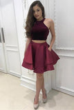 Burgundy Two Pieces Halter Satin Short Cocktail Dress with Pockets Homecoming Dresses RJS913