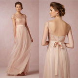 Cap Sleeve A-Line Lace Chiffon Long Elegant Backless Bridesmaid Dress Rjerdress