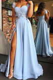 Cap Sleeve Sweetheart A Line Side Slit Satin Blue Long Prom Dresses Evening Dresses rjs299