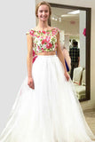Cap Sleeves Beautiful Two Piece Long Ivory Flowy Prom Dresses