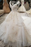 Champagne Bridal Gown V Neck Royal Train Handmade Beading Lace Up Back Rjerdress