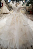 Champagne Bridal Gown V Neck Royal Train Handmade Beading Lace Up Back
