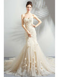 Champagne Mermaid/Trumpet Sweetheart Tulle Wedding Dresses With Appliques Zipper Up
