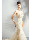 Champagne Mermaid/Trumpet Sweetheart Tulle Wedding Dresses With Appliques Zipper Up Rjerdress