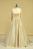 Champagne Muslim Bridal Dresses Scoop A Line Long Sleeves Satin Plus Size