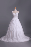 Chapel Train Bridal Dresses Bateau Tulle With Applique And Sash A Line Rjerdress