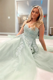 Charming A-Line Appliques Tulle Sexy Long Floor-Length Prom Dresses RJS289
