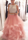 Charming A-Line Beading Two Pieces Long High Neck Tulle Floor-Length Prom Dresses Rrjs216 Rjerdress