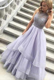 Charming A-Line High Neck Purple Beads Open Back Tulle Evening Dress Prom Dresses UK RJS418 Rjerdress
