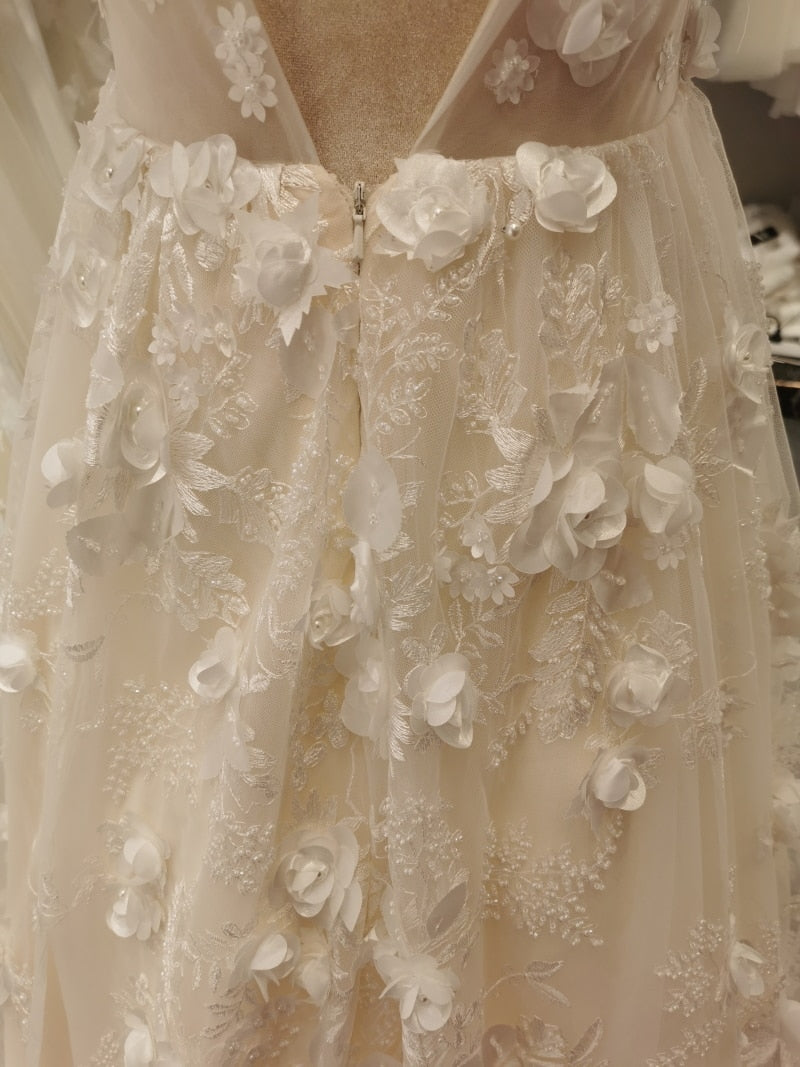 Elegant A Line V Neck Ivory Wedding Dresses With Pockets Open Back Sat –  Rjerdress