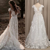Charming A Line Ivory V Neck Country Wedding Dresses With Appliques, Beach Bride Gowns Rjerdress
