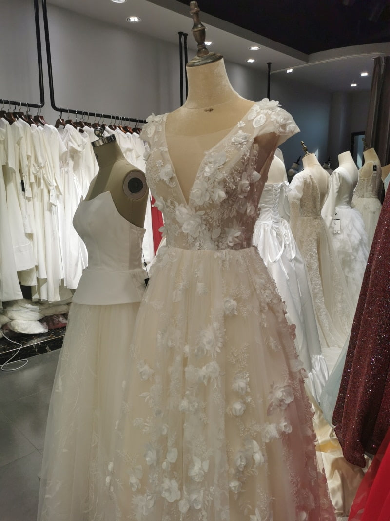 Ivory Cap Sleeve See Through Wedding Dresses Beach Bridal Dress – Pgmdress