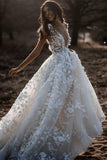 Charming A Line Ivory V Neck Country Wedding Dresses With Appliques, Beach Bride Gowns
