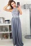 Charming A-Line Round Neck Split Front Grey Satin Sleeveless Prom Dresses UK with Lace RJS442 Rjerdress