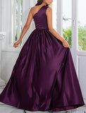 Charming A-Line Satin One Shoulder Purple Prom Dresses With Side Split Rjerdress