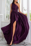 Charming A-Line Satin One Shoulder Purple Prom Dresses With Side Split Rjerdress