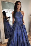 Charming A Line Sequin Navy Blue Halter Long Prom Dresses With Pockets, Evening Dresses