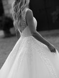 Charming A Line Sequins Lace V Neck Chapel Train Wedding Dresses Rjerdress
