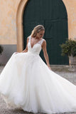 Charming A Line Sequins Lace V Neck Chapel Train Wedding Dresses