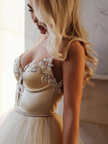 Charming A-Line Spaghetti Straps Sweep Train Wedding Dress With Beading, Sleeveless Bride Dress Rjerdress