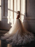 Charming A-Line Spaghetti Straps Sweep Train Wedding Dress With Beading, Sleeveless Bride Dress Rjerdress