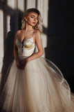 Charming A-Line Spaghetti Straps Sweep Train Wedding Dress With Beading, Sleeveless Bride Dress