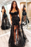 Charming A-Line Strapless Black Lace Real Made 3D Floral Long Prom Dresses On Sale
