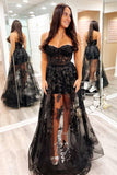 Charming A-Line Strapless Black Lace Real Made 3D Floral Long Prom Dresses On Sale Rjerdress