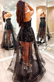 Charming A-Line Strapless Black Lace Real Made 3D Floral Long Prom Dresses On Sale Rjerdress