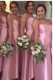 Charming A-Line Sweetheart Satin Floor-Length Pink High-Low Bridesmaid Dresses Rjerdress