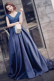 Charming A-Line V-Neck Navy Blue Satin Cap Sleeve Prom Dresses with Lace Appliques RJS459