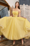 Charming Applique Tulle Sweetheart Yellow Long Prom Dresses Evening Dresses Rjerdress