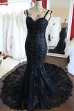 Charming Black Lace Spaghetti Strap Sweetheart Backless Prom Dresses Mermaid Sweep Train Evening Dresses RJS249 Rjerdress