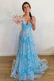 Charming Blue Long Lace Spaghetti Straps Tulle Open Back Lace Up Princess Prom Dresses
