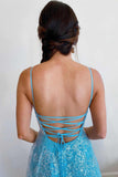 Charming Blue Long Lace Spaghetti Straps Tulle Open Back Lace Up Princess Prom Dresses Rjerdress