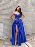 Charming Blue Sleeveless A-Line Strapless Slit Evening Dress Long Prom Dress