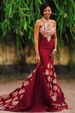 Charming Burgundy Halter Prom Dresses Mermaid Long Lace Appliqued Sleeveless Formal Dress RJS340 Rjerdress