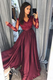 Charming Burgundy Satin Long Sleeves A-line Lace Long Prom Dresses Evening Dresses UK rjs557 Rjerdress