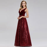 Charming Burgundy Velvet Sequins V Neck Long Formal Dresses