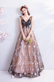 Charming Floor Length Sleeveless Prom Dress With Stars, A Line Appliques Evening Dress Rjerdress