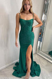 Charming Green Spaghetti Straps Mermaid Sequin Slit Long Prom Dresses Rjerdress