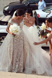 Charming Half Sleeve Mermaid Tulle Appliques Wedding Dresses with Detachable Train W1092 Rjerdress