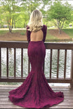 Charming High Neck Burgundy Long Sleeve Lace Mermaid Open Back Prom Dresses Rrjs482 Rjerdress