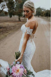 Charming Ivory V Neck Mermaid Strapless Lace Appliques Wedding Dresses, Bride Dresses Rjerdress