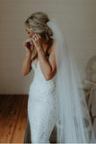 Charming Ivory V Neck Mermaid Strapless Lace Appliques Wedding Dresses, Bride Dresses Rjerdress