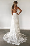 Charming Lace Long A-line Spaghetti Straps Ivory V-Neck Beach Wedding Dress Rjerdress