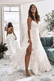 Charming Lace Long A-line Spaghetti Straps Ivory V-Neck Beach Wedding Dress Rjerdress